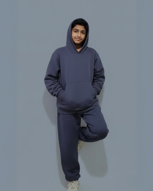 Navy Blue Premium Cotton Full Sleeves Solid Jogger Set for Boys