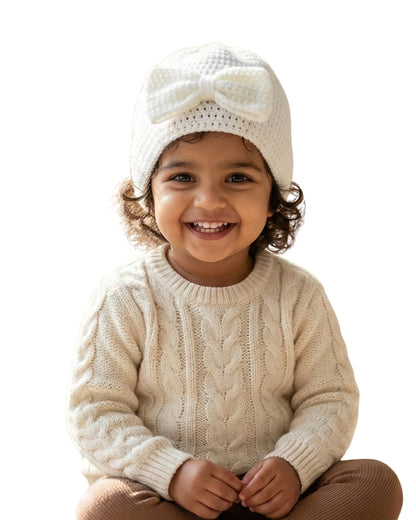 White Handmade Woollen Turban Cap for Girls