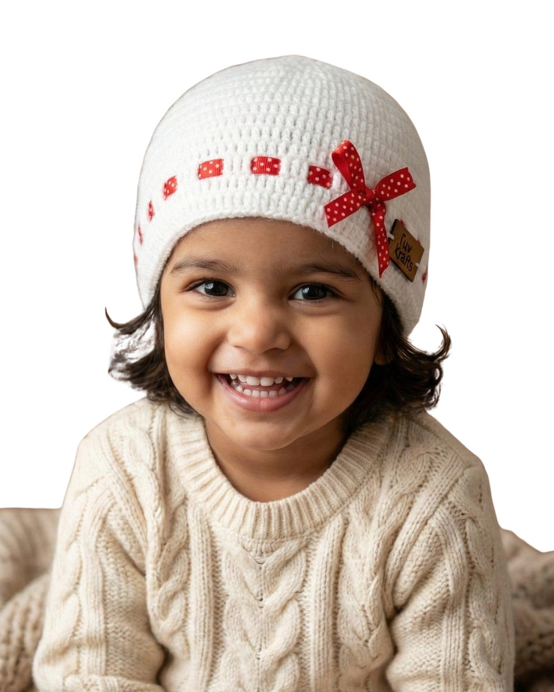 White Self Design Beanie Handmade Knitted Woollen Cap for Girls & Boys