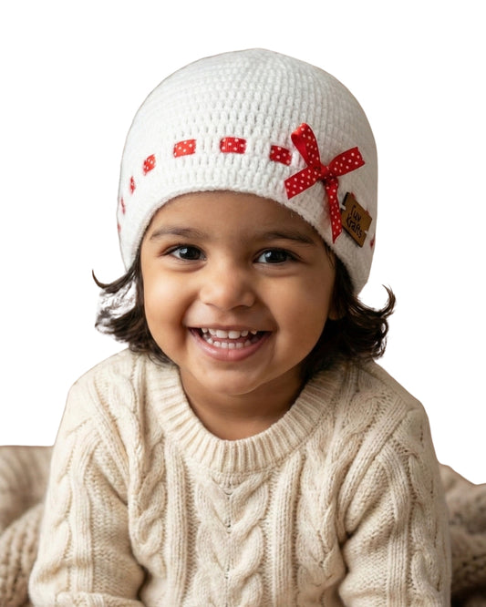 White Self Design Beanie Handmade Knitted Woollen Cap for Girls & Boys