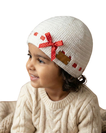 White Self Design Beanie Handmade Knitted Woollen Cap for Girls & Boys