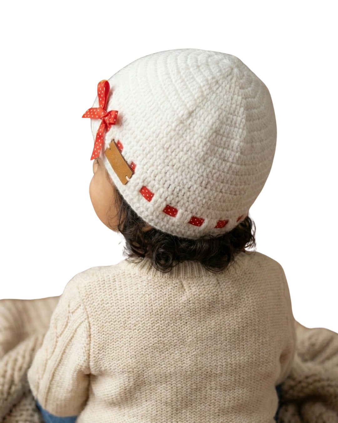 White Self Design Beanie Handmade Knitted Woollen Cap for Girls & Boys
