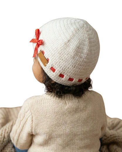 White Self Design Beanie Handmade Knitted Woollen Cap for Girls & Boys