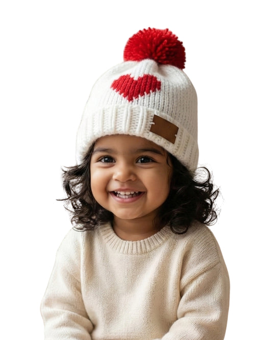 White Self Design Beanie Handmade Knitted Pom Pom Woollen Cap for Kids
