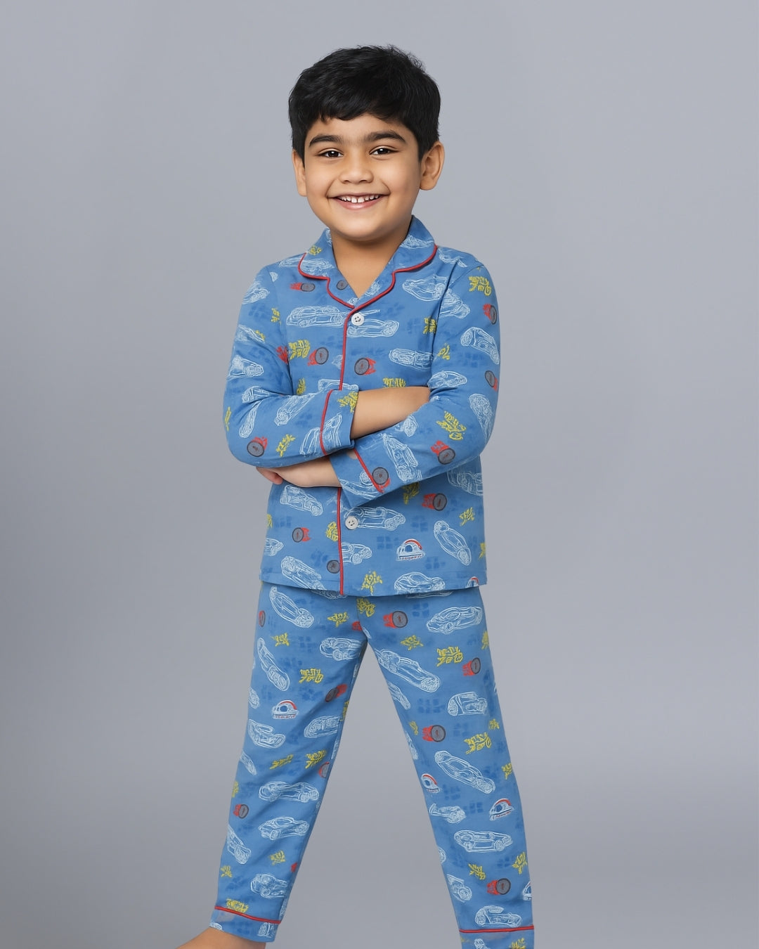 Blue Racing Car Printed Cotton Boys Night Suit