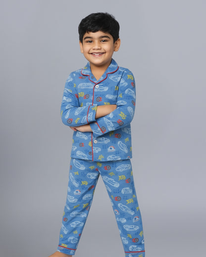 Blue Racing Car Printed Cotton Boys Night Suit