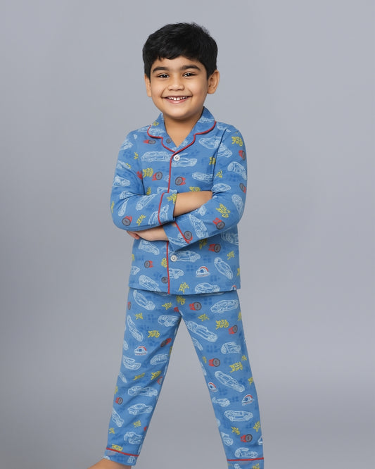 Blue Racing Car Printed Cotton Boys Night Suit