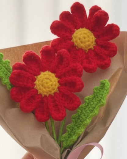 Handmade Crochet Red Daisy Bouquet