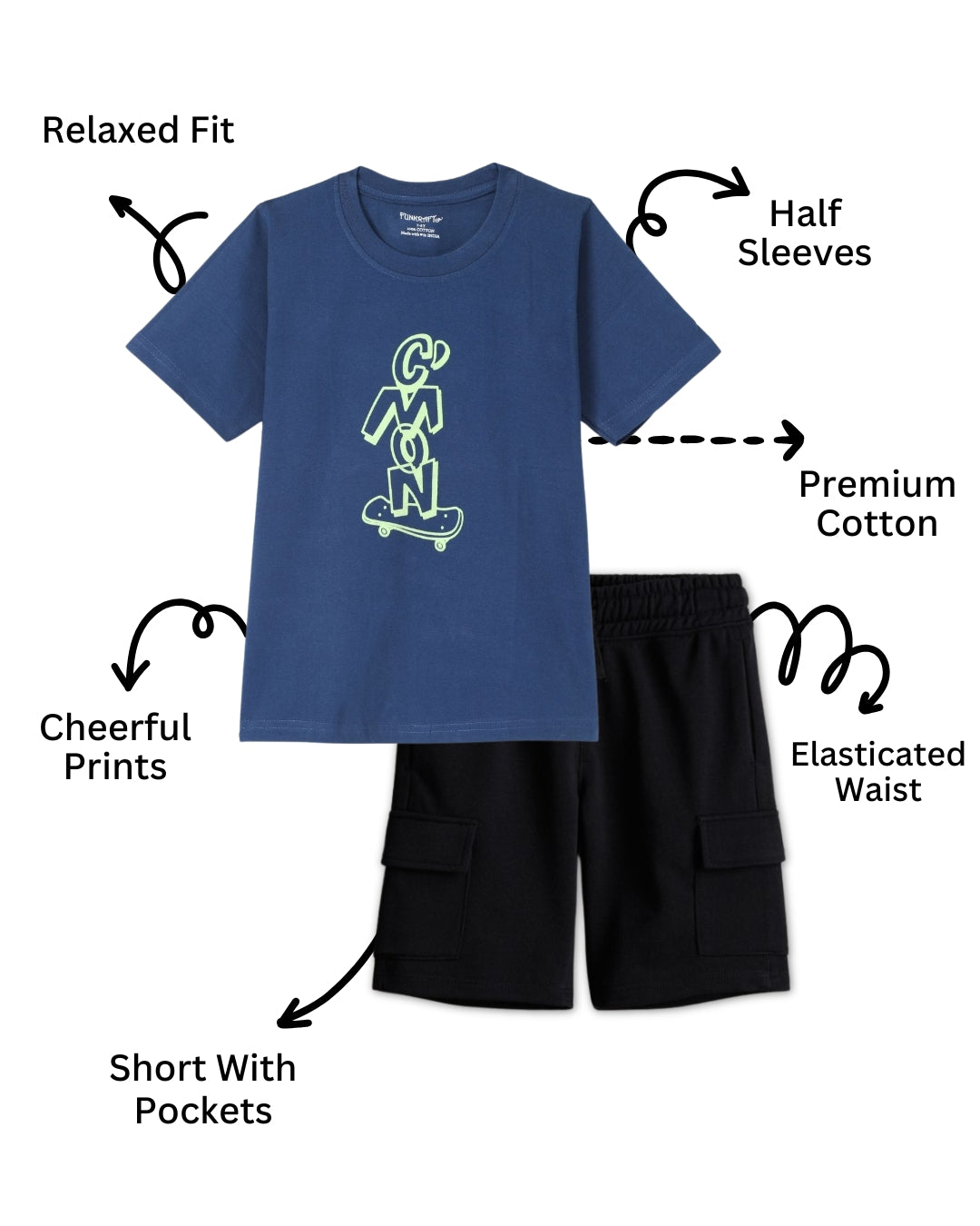 Graphic Printed Premium Cotton Half Sleeves Blue T-Shirt with Black Shorts for Boys