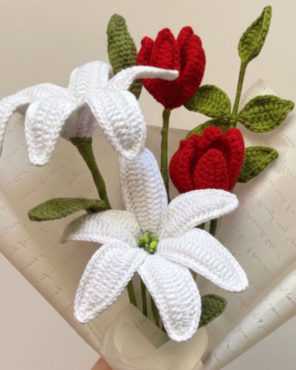 Handmade Crochet Premium Organic Thread White Lily & Red Tulip Bouquet