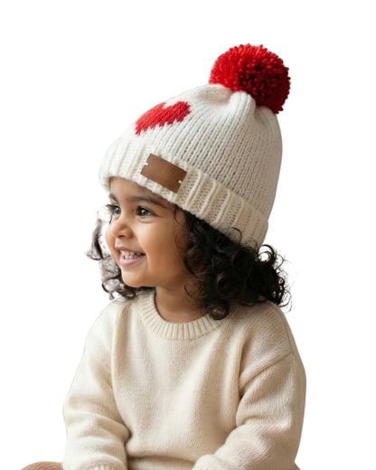 White Self Design Beanie Handmade Knitted Pom Pom Woollen Cap for Kids