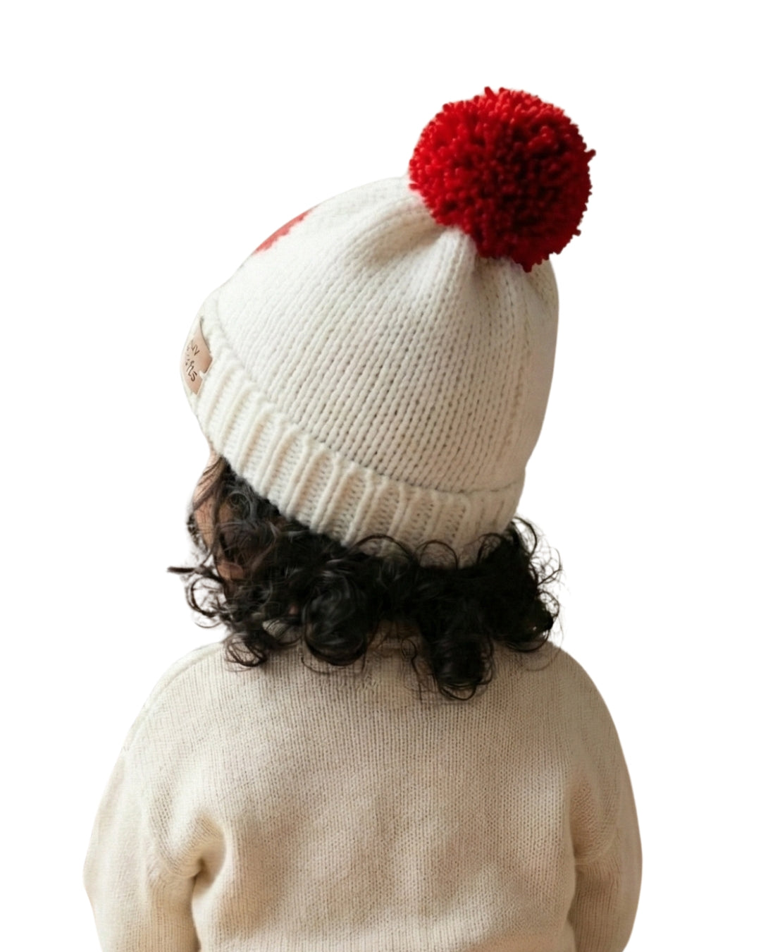 White Self Design Beanie Handmade Knitted Pom Pom Woollen Cap for Kids