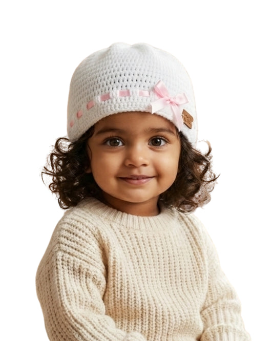 White Self Design Beanie Handmade Knitted Woollen Cap for Kids