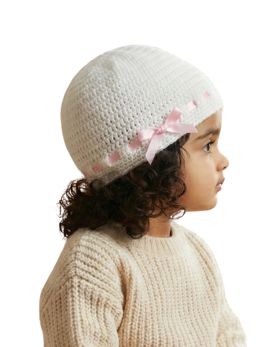 White Self Design Beanie Handmade Knitted Woollen Cap for Kids