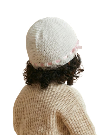 White Self Design Beanie Handmade Knitted Woollen Cap for Kids
