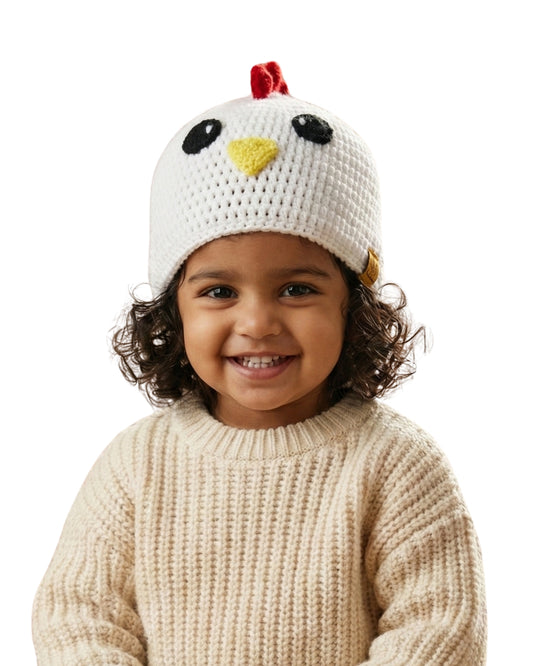 White Self Design Beanie Handmade Knitted Woollen Cap for Kids