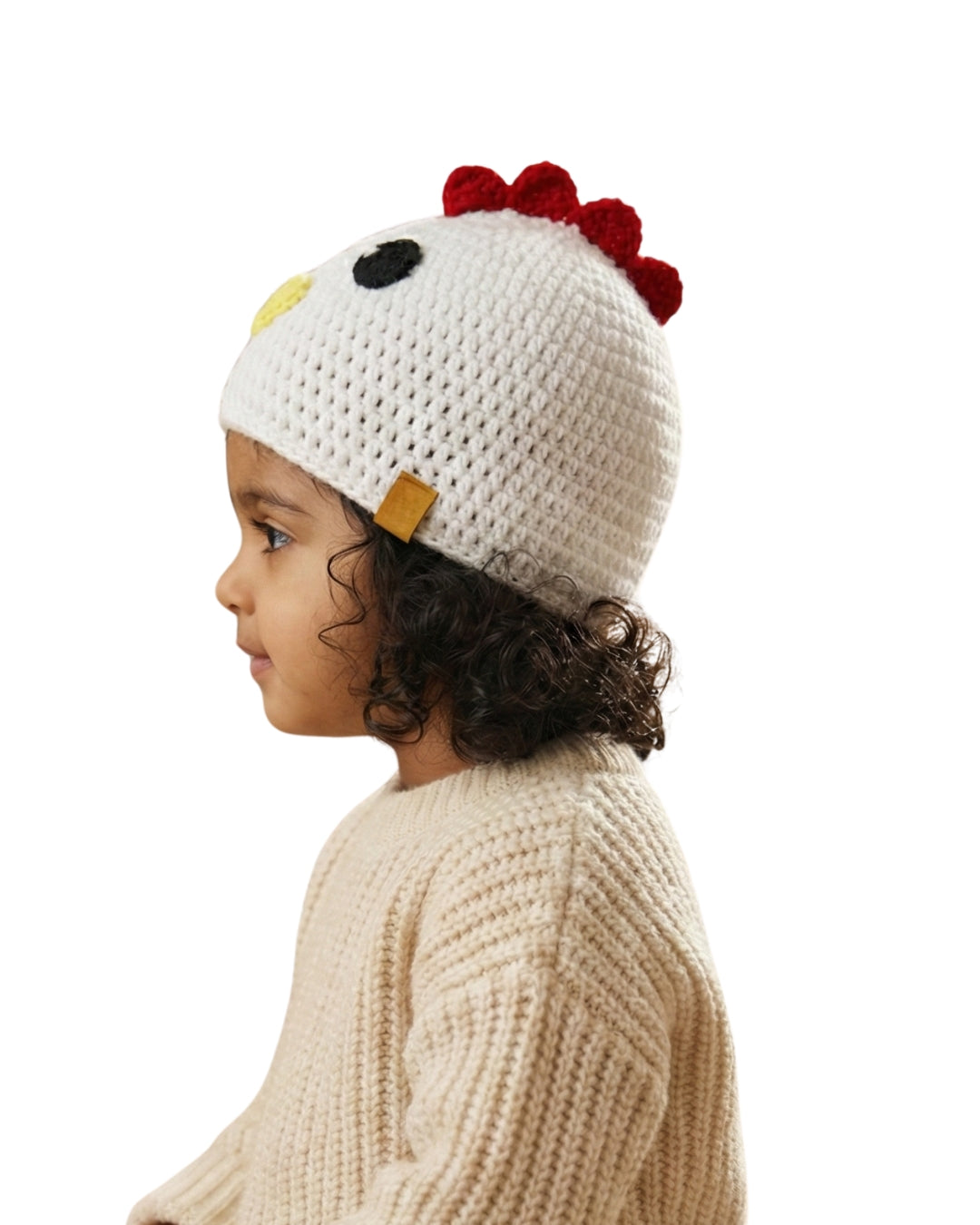 White Self Design Beanie Handmade Knitted Woollen Cap for Kids