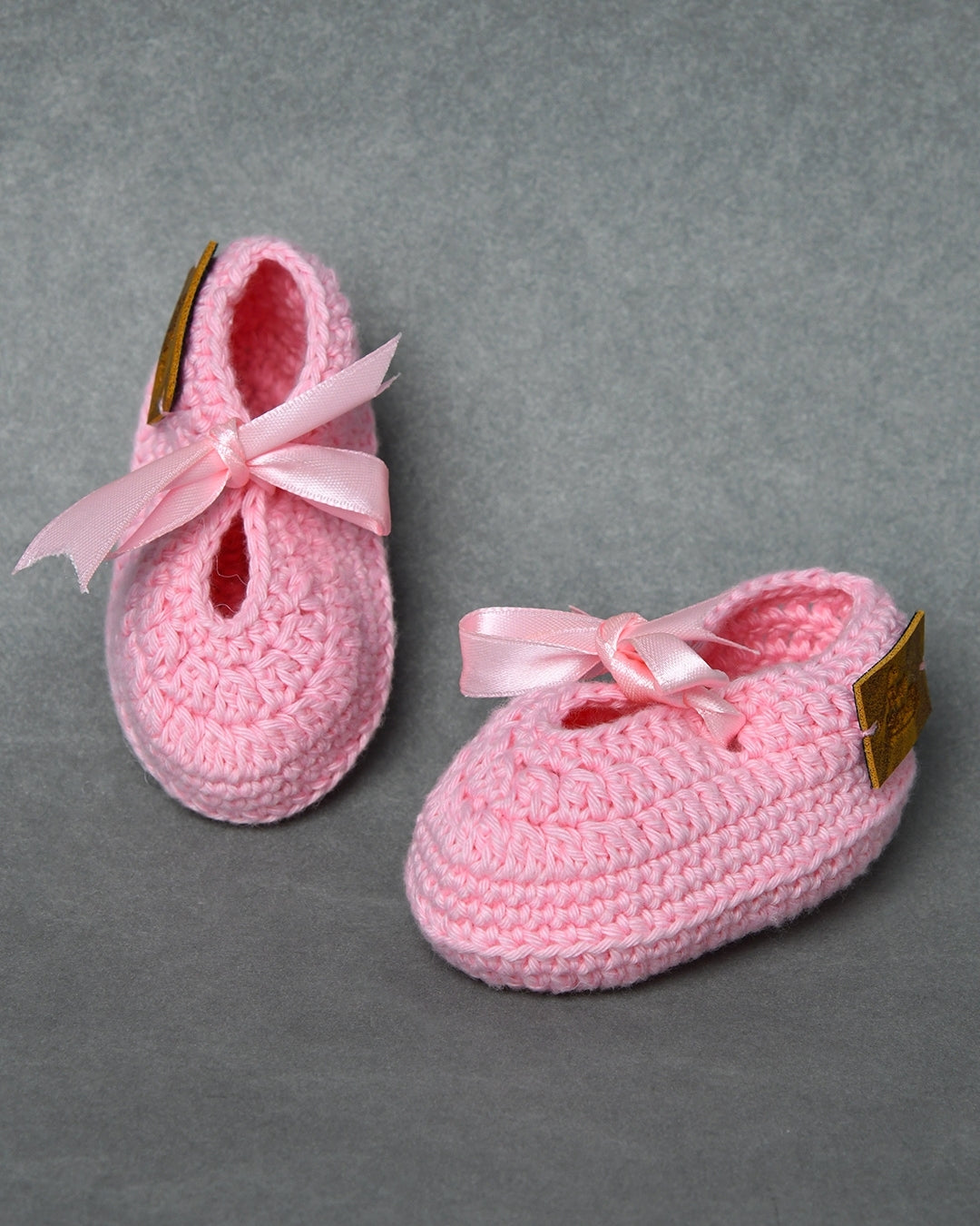 Pink Handmade Organic Thread Crochet Booties with Cute Bow Design