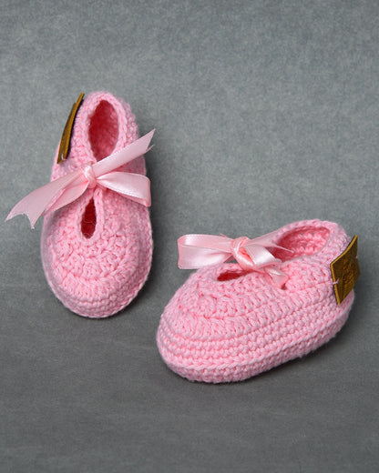 Pink Handmade Organic Thread Crochet Booties with Cute Bow Design