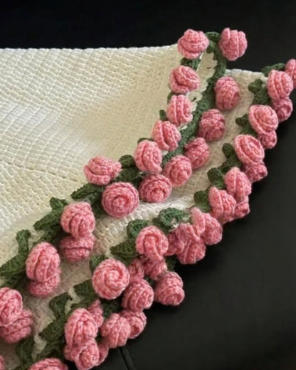 Handmade Crochet Pink Rose Bouquet Throw Blanket