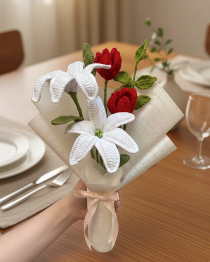 Handmade Crochet Premium Organic Thread White Lily & Red Tulip Bouquet