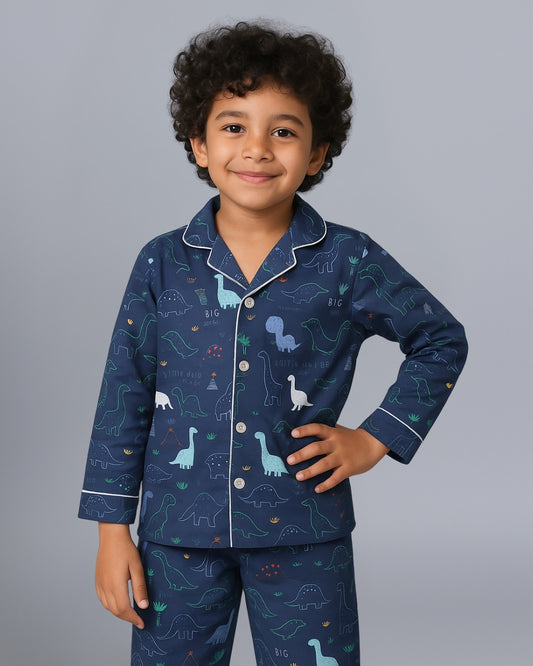 Blue Dinosaur Printed Pure Cotton Night Suit for Kids