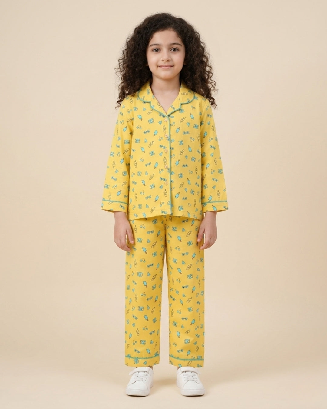 Yellow Premium Cotton Full Sleeves Printed Collar Style Pyjama & T-Shirt Set for Boys & Girls