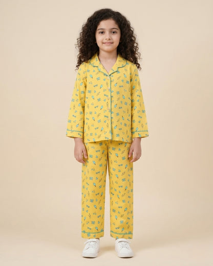 Yellow Premium Cotton Full Sleeves Printed Collar Style Pyjama & T-Shirt Set for Boys & Girls