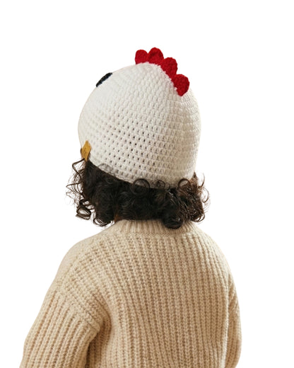 White Self Design Beanie Handmade Knitted Woollen Cap for Kids