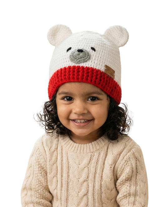 White & Red Self Design Beanie Handmade Knitted Woollen Cap for Kids
