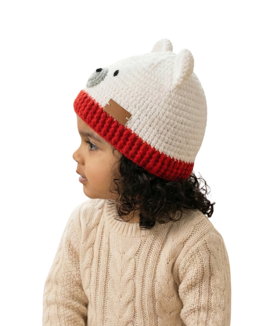 White & Red Self Design Beanie Handmade Knitted Woollen Cap for Kids