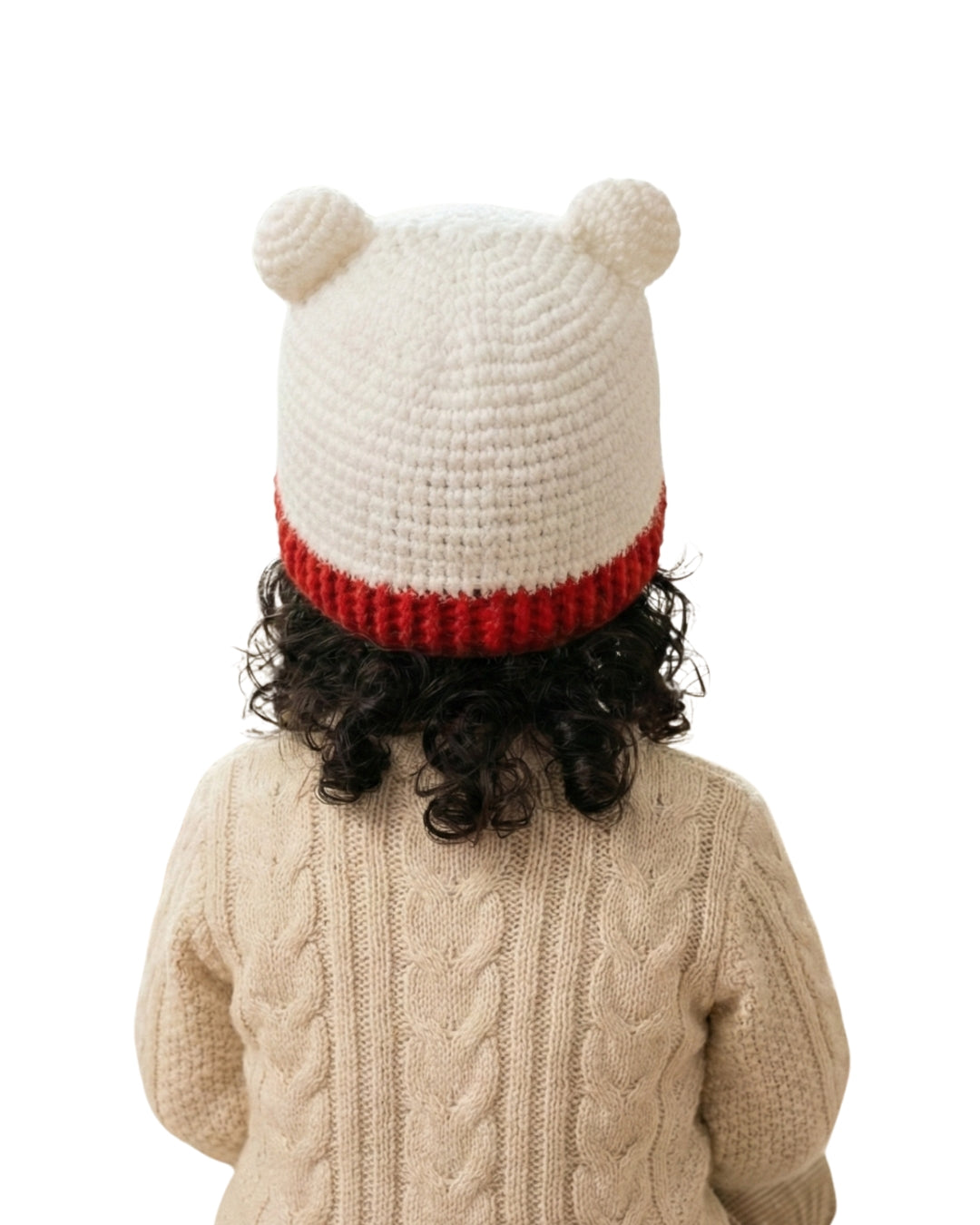 White & Red Self Design Beanie Handmade Knitted Woollen Cap for Kids