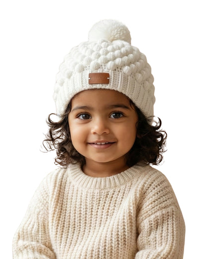 White Handmade Woollen Pom Pom Cap for kids