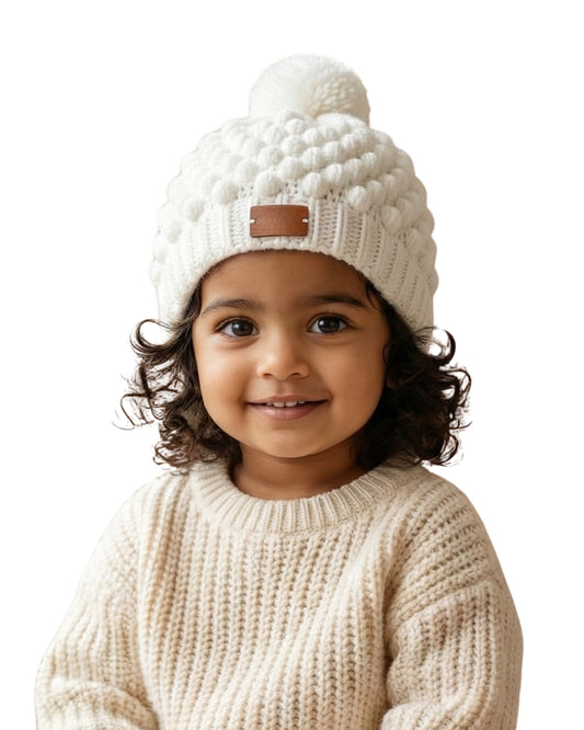 White Handmade Woollen Pom Pom Cap for kids