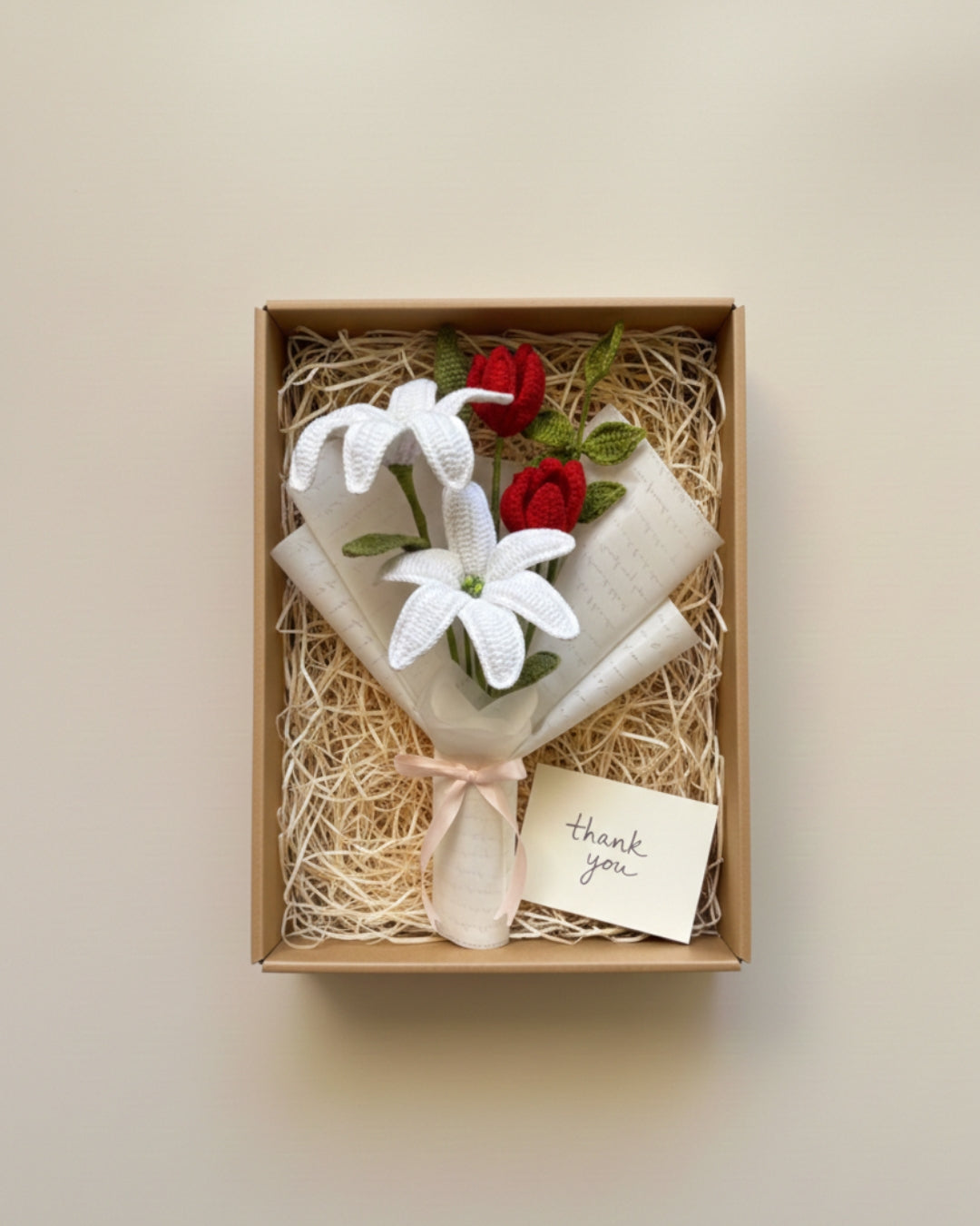 Handmade Crochet Premium Organic Thread White Lily & Red Tulip Bouquet