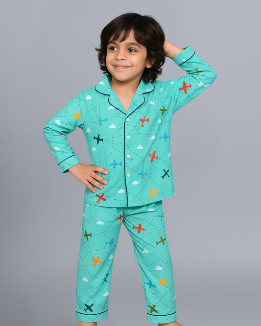Green Airplane Printed Cotton Kids Night Suit