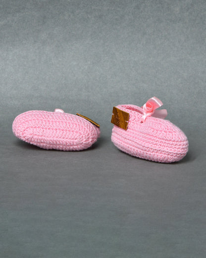 Pink Handmade Organic Thread Crochet Booties with Cute Bow Design