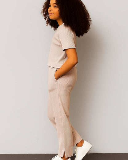 Beige Premium Cotton Half Sleeves Solid Co-ord Set for Girls