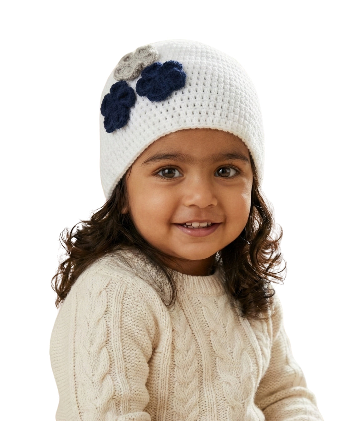 White Handmade Woollen Cap with Flower for Girls