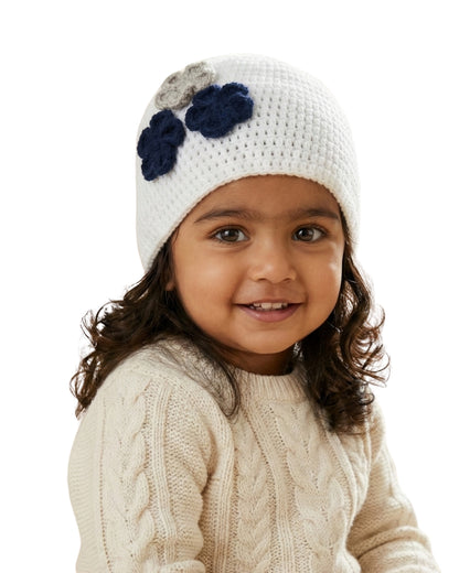 White Handmade Woollen Cap with Flower for Girls
