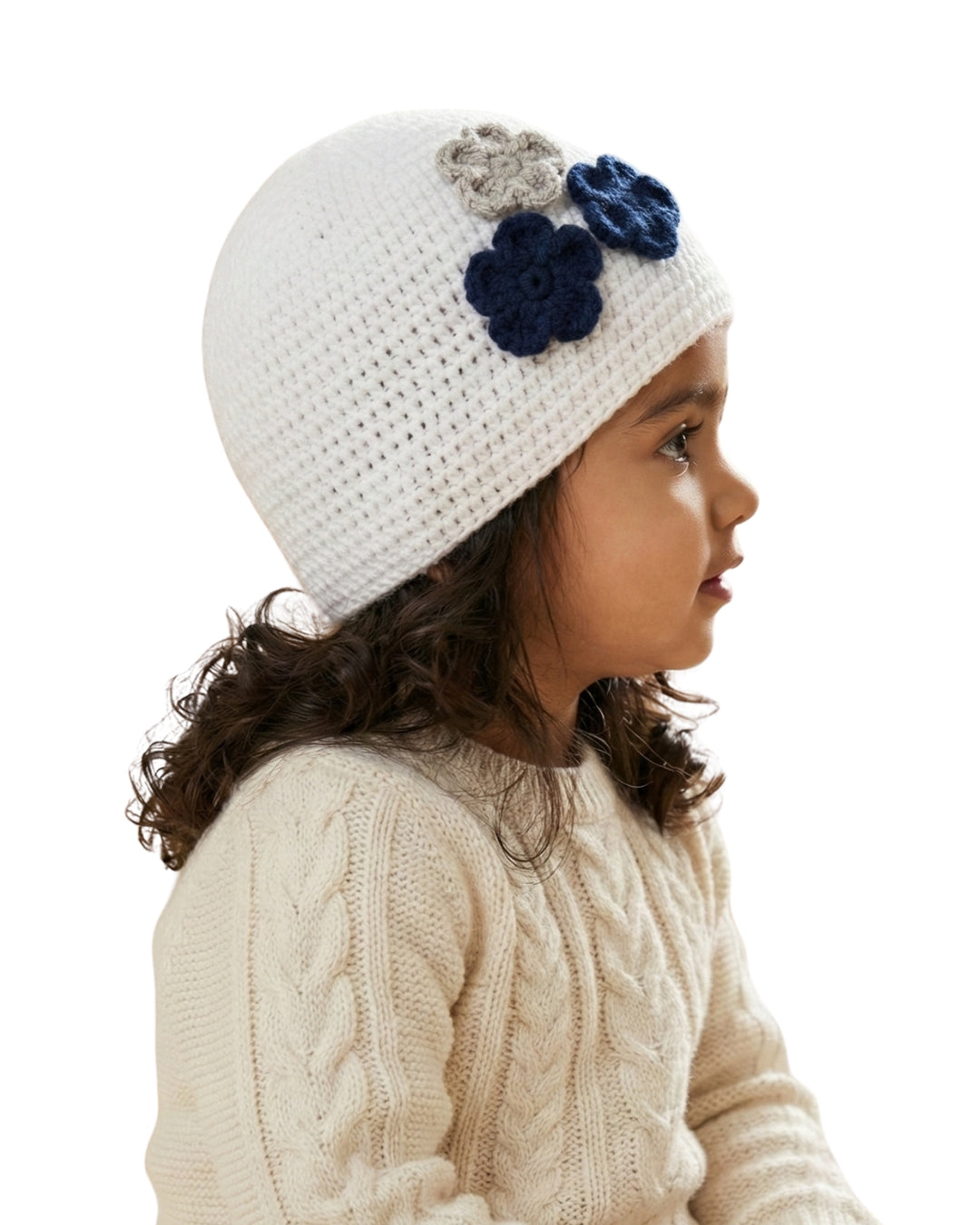 White Handmade Woollen Cap with Flower for Girls