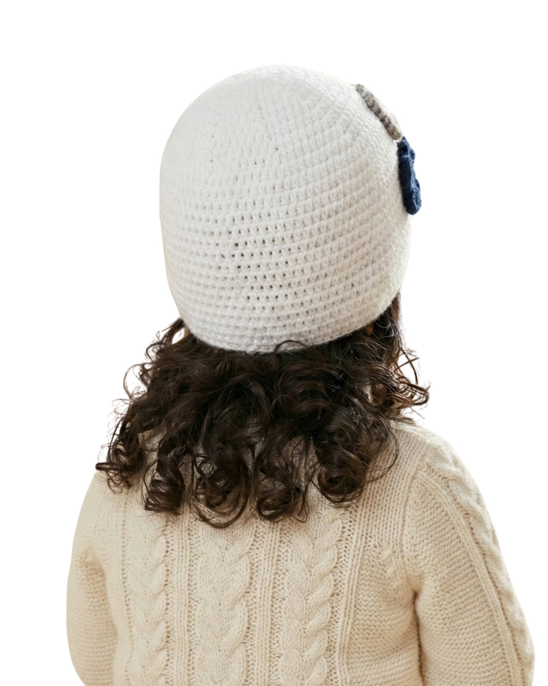 White Handmade Woollen Cap with Flower for Girls