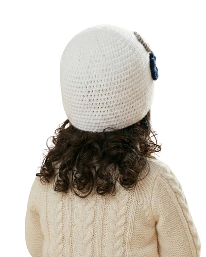White Handmade Woollen Cap with Flower for Girls