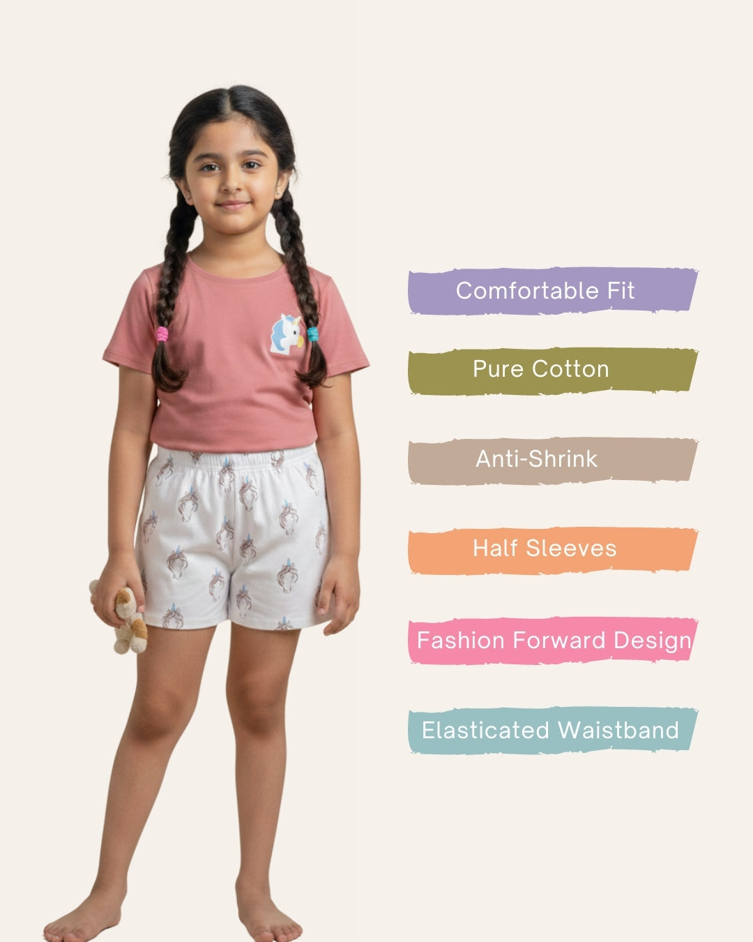 Multicolor Unicorn Printed Shorts Night Dress for Girls