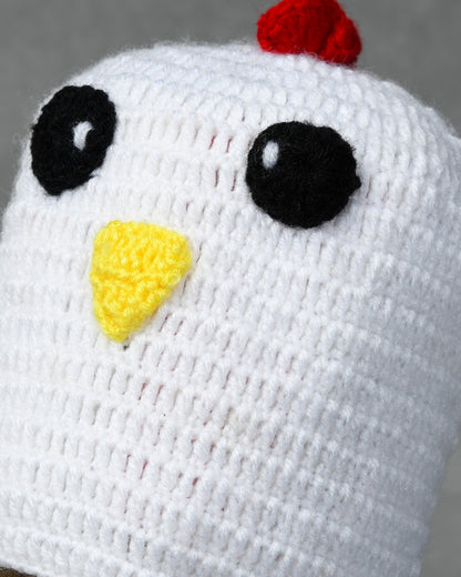 White Self Design Beanie Handmade Knitted Woollen Cap for Kids
