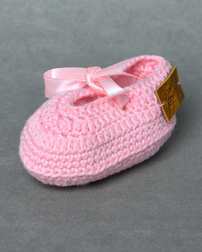Pink Handmade Organic Thread Crochet Booties with Cute Bow Design