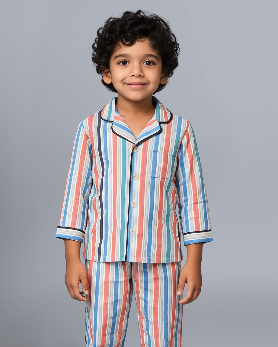 Multi-Color Stripe Vibe Collar Style Nightsuit for Kids