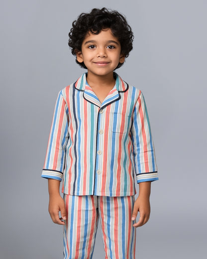 Multi-Color Stripe Vibe Collar Style Nightsuit for Kids