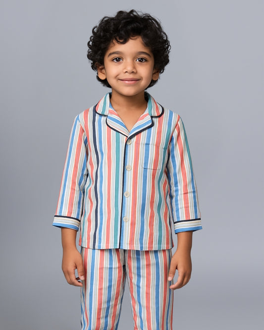 Multi-Color Stripe Vibe Collar Style Nightsuit for Kids