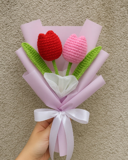 Handmade Crochet Pink & Red Tulip Bouquet